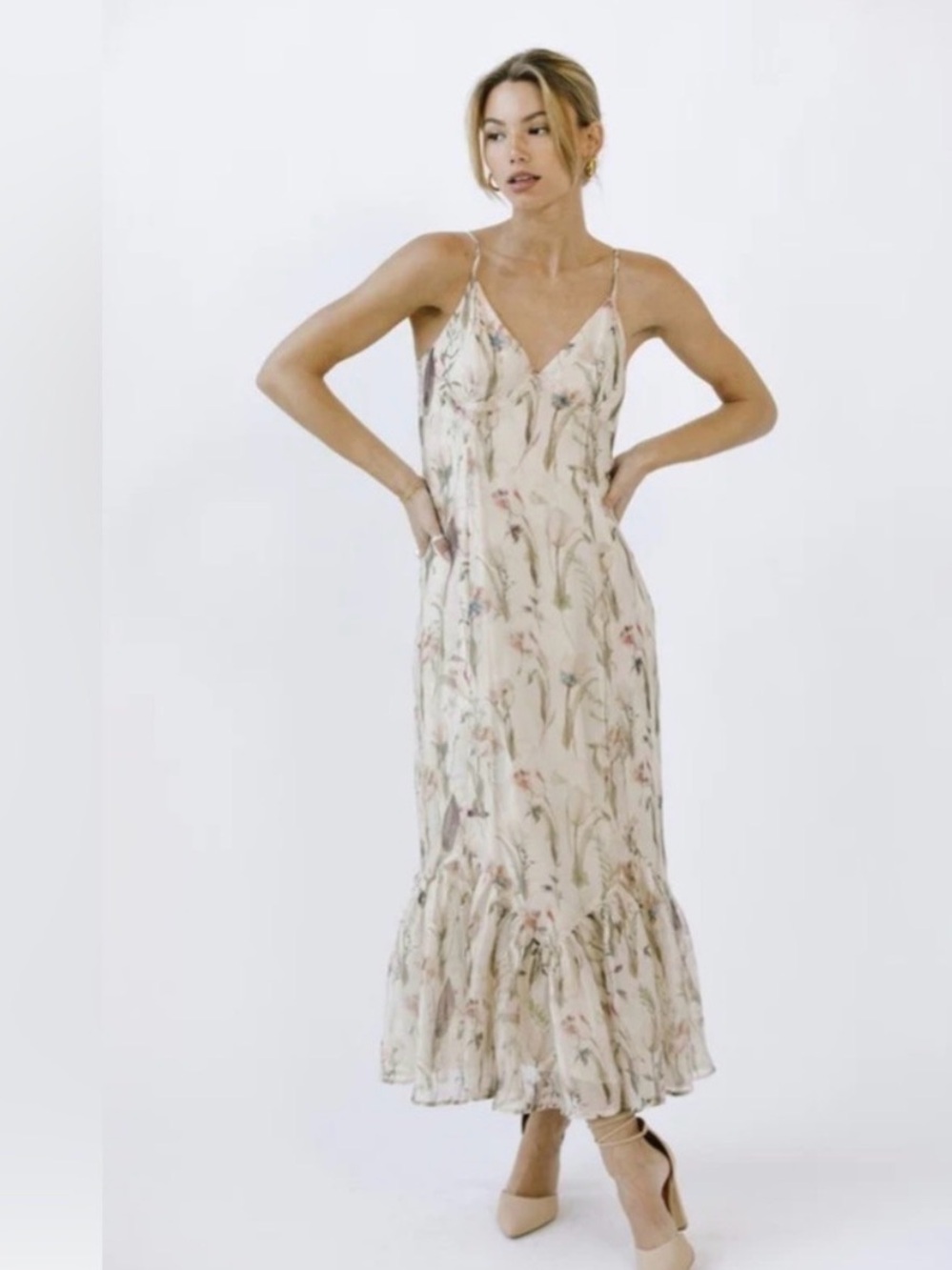 Storia Cream Floral Slip Midi Dress with Ruffle Hem